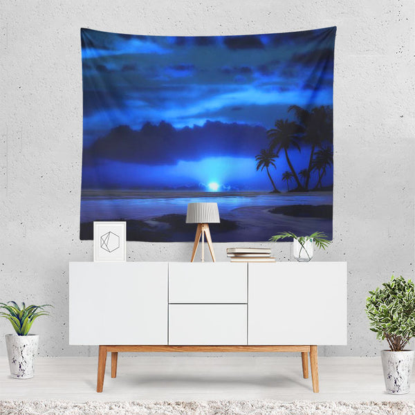 Artistic Beach Tropical Palm Tree Night Ocean Sea Tapestry