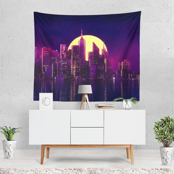 Artistic City Building Purple Skyscraper Night Moo Tapestry